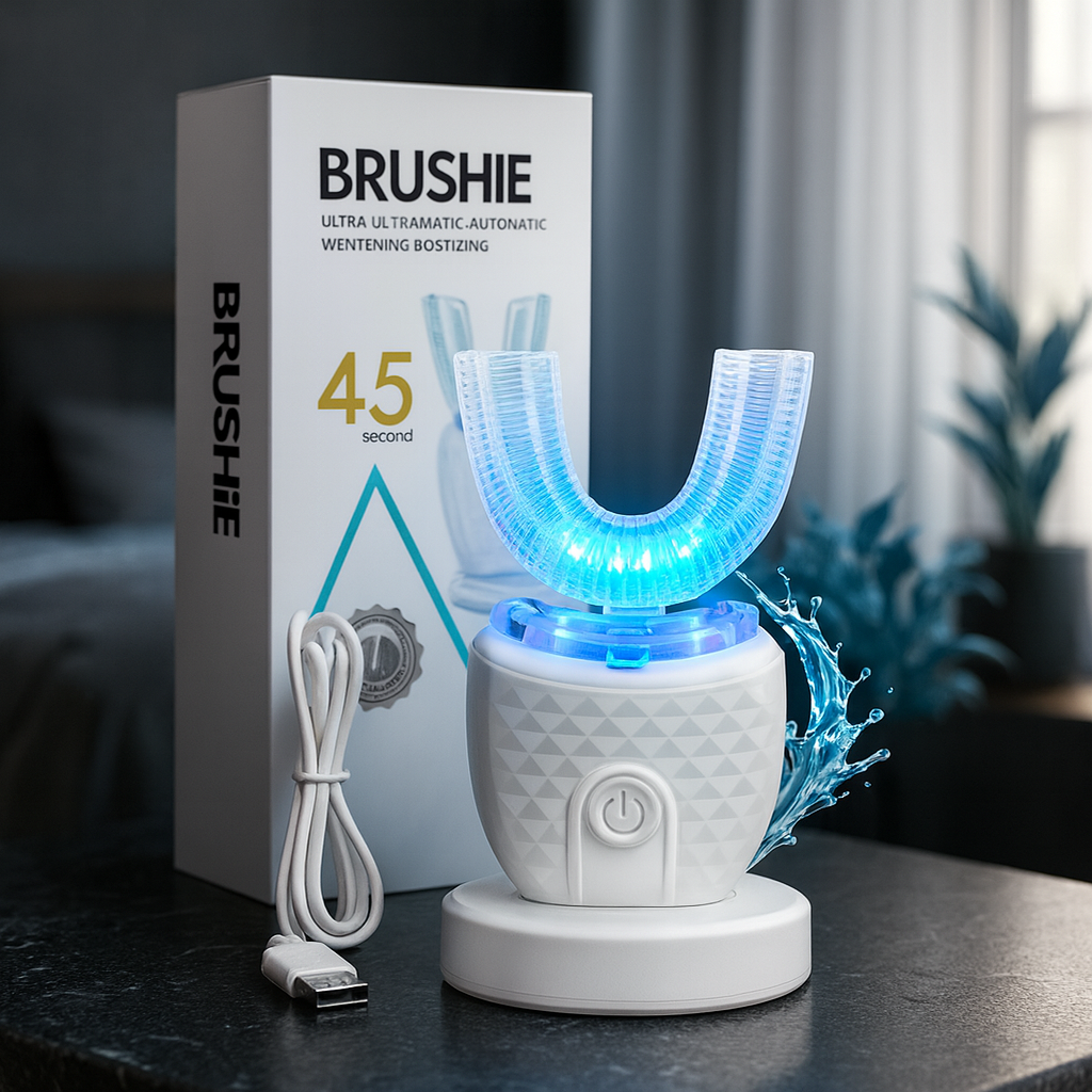 BRUSHiE U-Shaped toothbrush with automatic base, glowing LED, and cable, designed for fun and effective teeth cleaning.