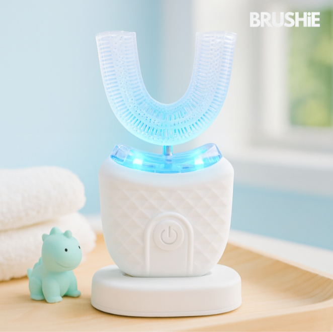 BRUSHiE U-Shaped Toothbrush in a bright setting with blue light, designed for fun and effective kids' dental care.