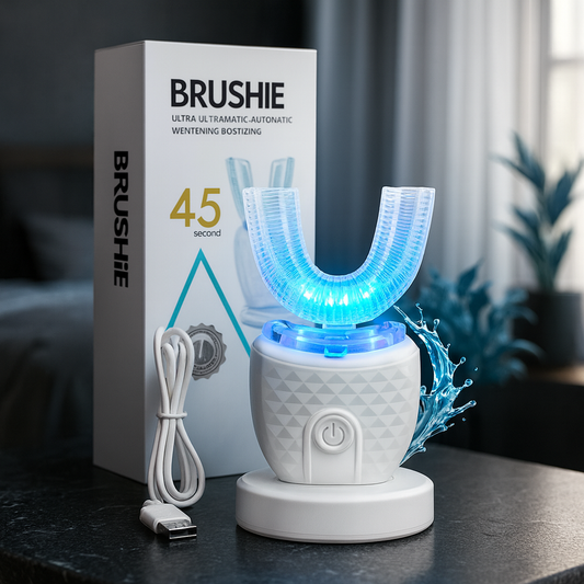BRUSHiE U-Shaped toothbrush with automatic base, glowing LED, and cable, designed for fun and effective teeth cleaning.