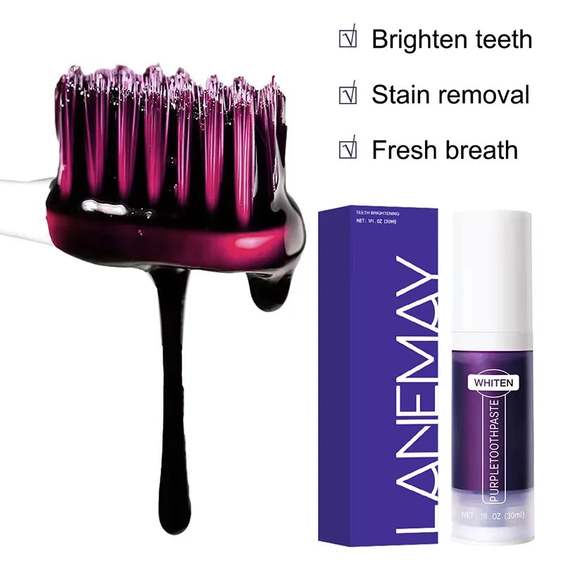 BRUSHiE Whitening Toothpaste with purple packaging, focusing on teeth brightening, stain removal, and fresh breath.