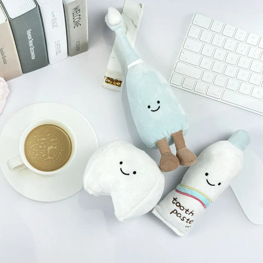 BRUSHiE Dentist Doll toys with quirky toothbrush and toothpaste plush for children's dental care learning.