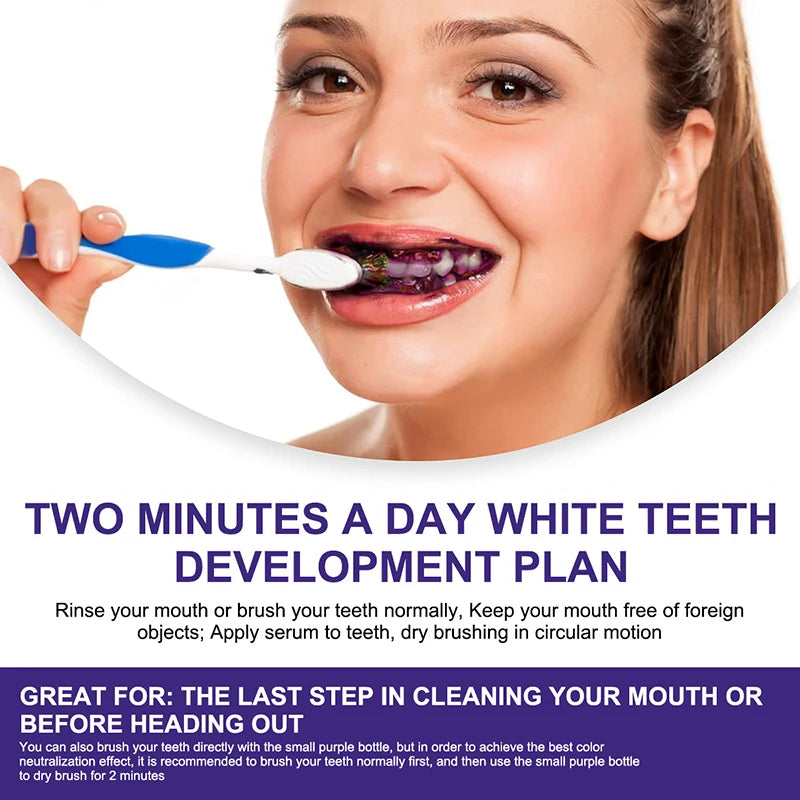 Woman using whitening toothpaste while brushing teeth, following a two-minute daily white teeth development plan.