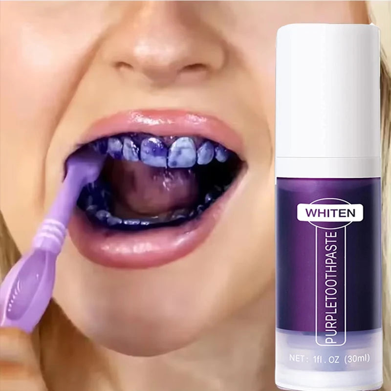 BRUSHiE Whitening Toothpaste used by a person brushing teeth with a purple toothbrush for a brighter smile.