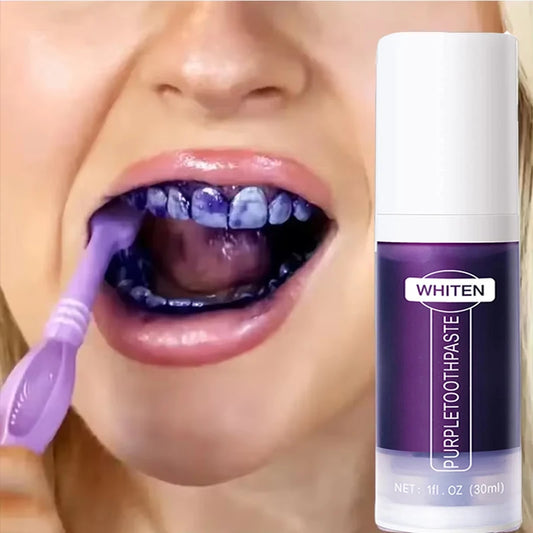 BRUSHiE Whitening Toothpaste used by a person brushing teeth with a purple toothbrush for a brighter smile.