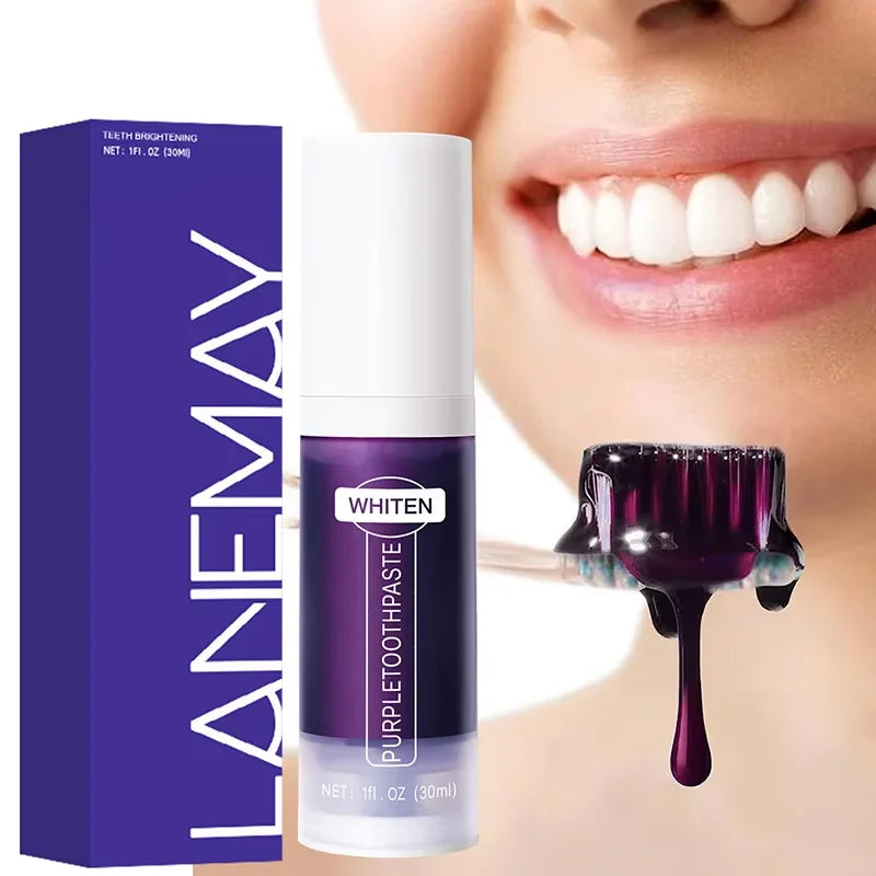 BRUSHiE Whitening Toothpaste in packaging with a model applying the purple formula for brightening teeth.
