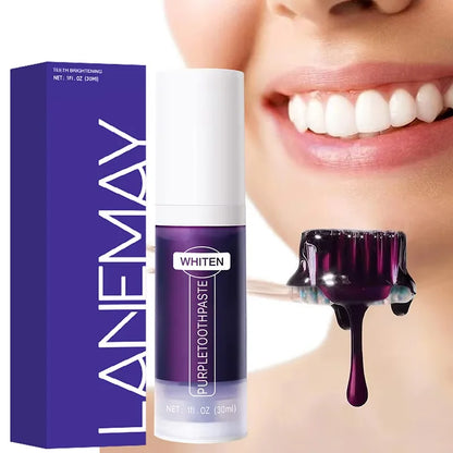 BRUSHiE Whitening Toothpaste in packaging with a model applying the purple formula for brightening teeth.